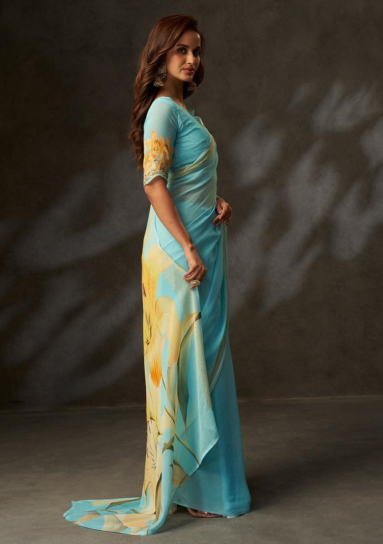 Sky Blue Printed Georgette Saree Set - Indya