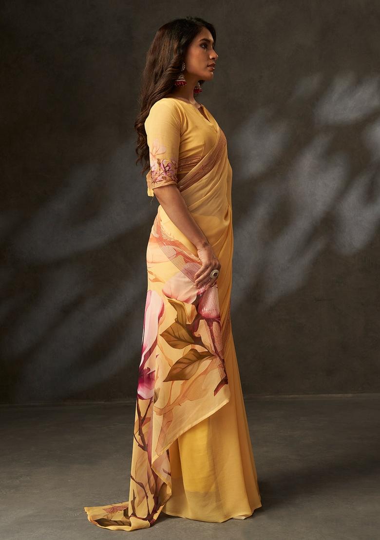 Yellow Printed Georgette Saree Set - Indya