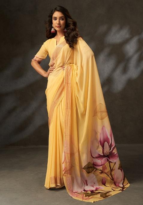 Yellow Printed Georgette Saree Set — view on Indya