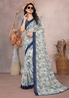 Blue Printed Satin Saree Set