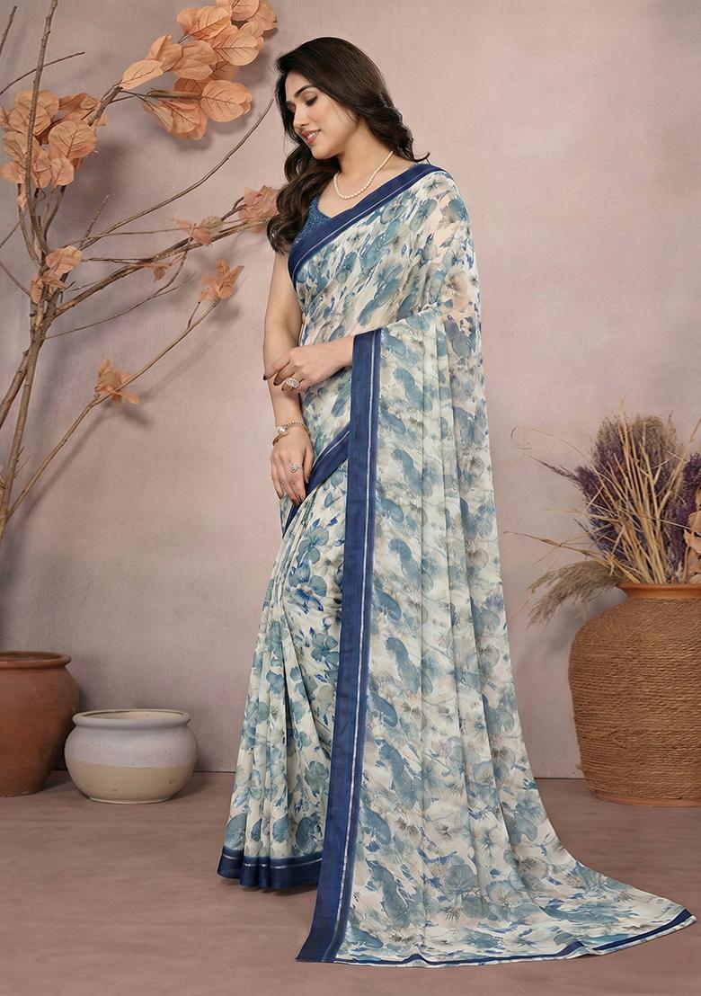 Blue Printed Satin Saree Set - Indya
