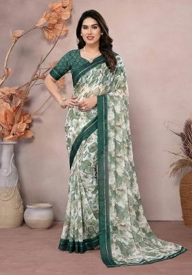 Green Printed Satin Saree Set