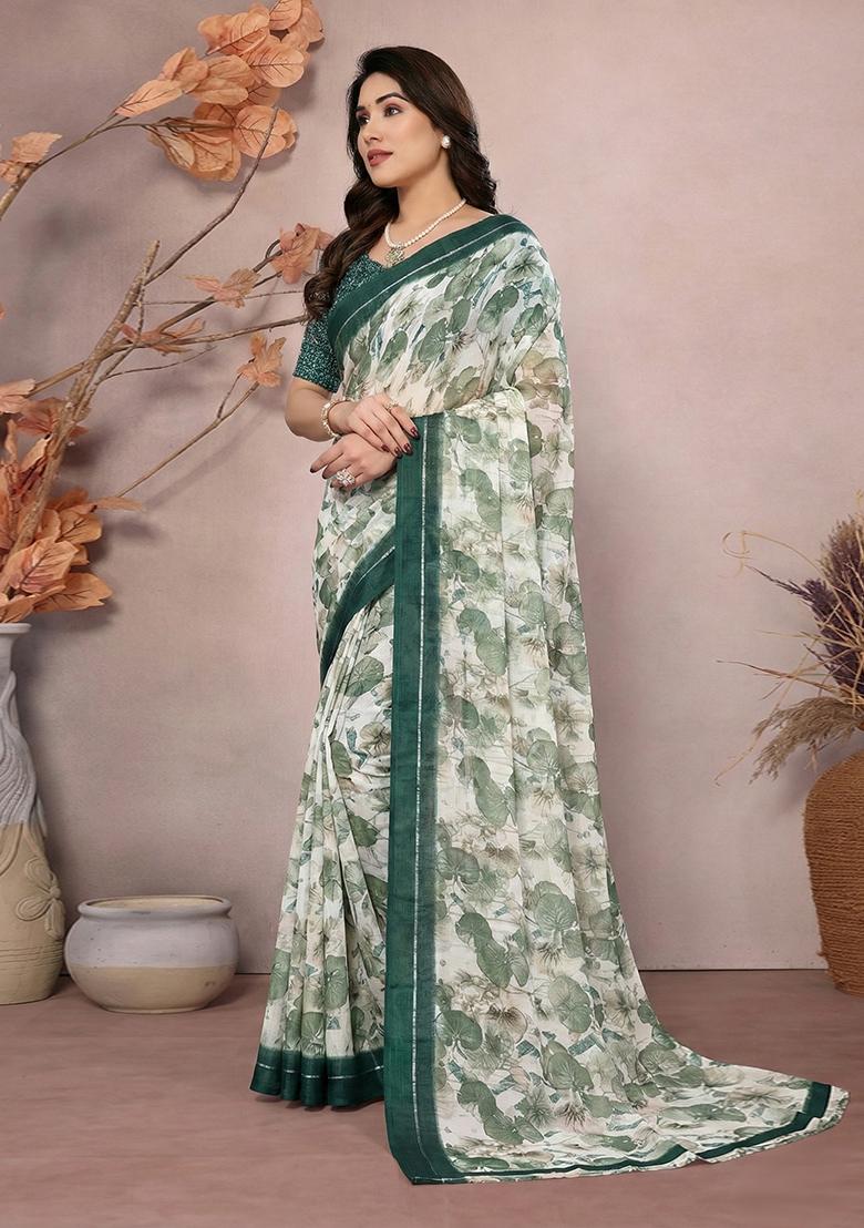 Green Printed Satin Saree Set - Indya