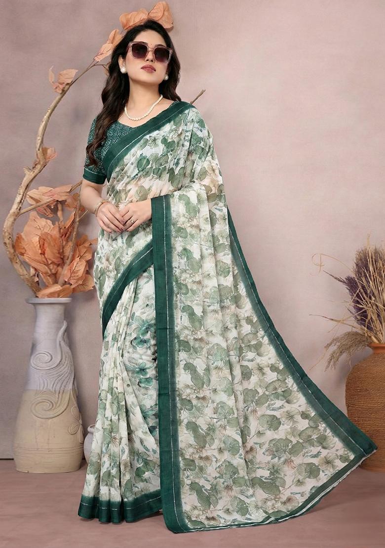 Green Printed Satin Saree Set - Indya