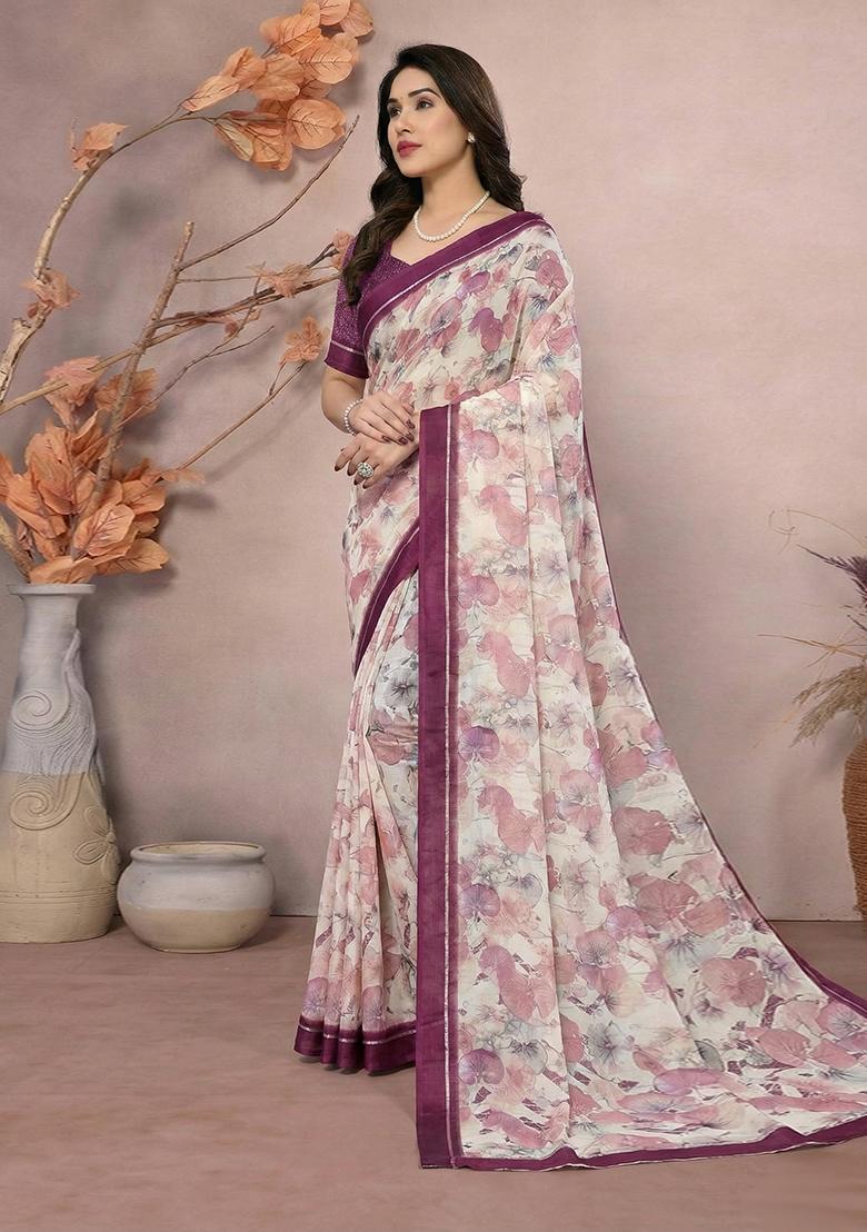 Purple Printed Satin Saree Set - Indya
