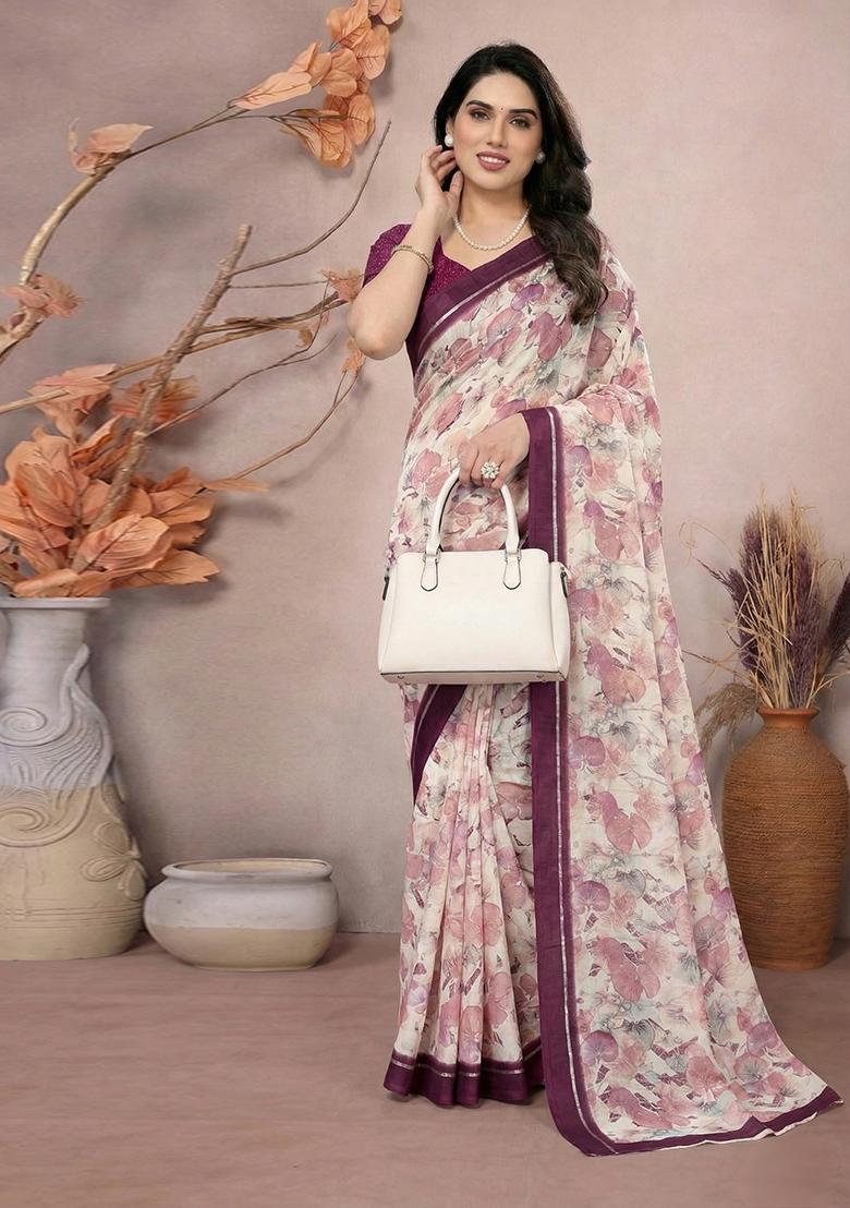 Purple Printed Satin Saree Set - Indya