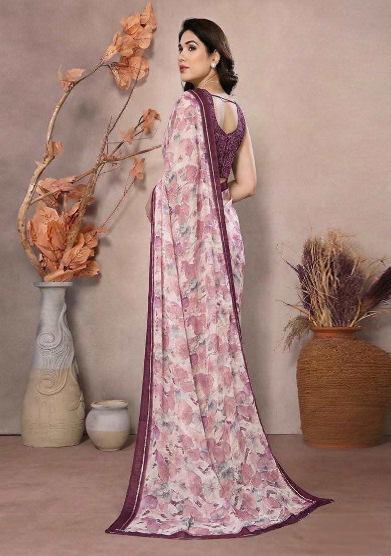 Purple Printed Satin Saree Set - Indya