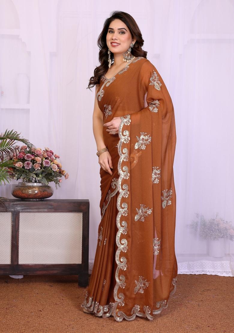 Brown Embroidered Georgette Saree Set - Indya
