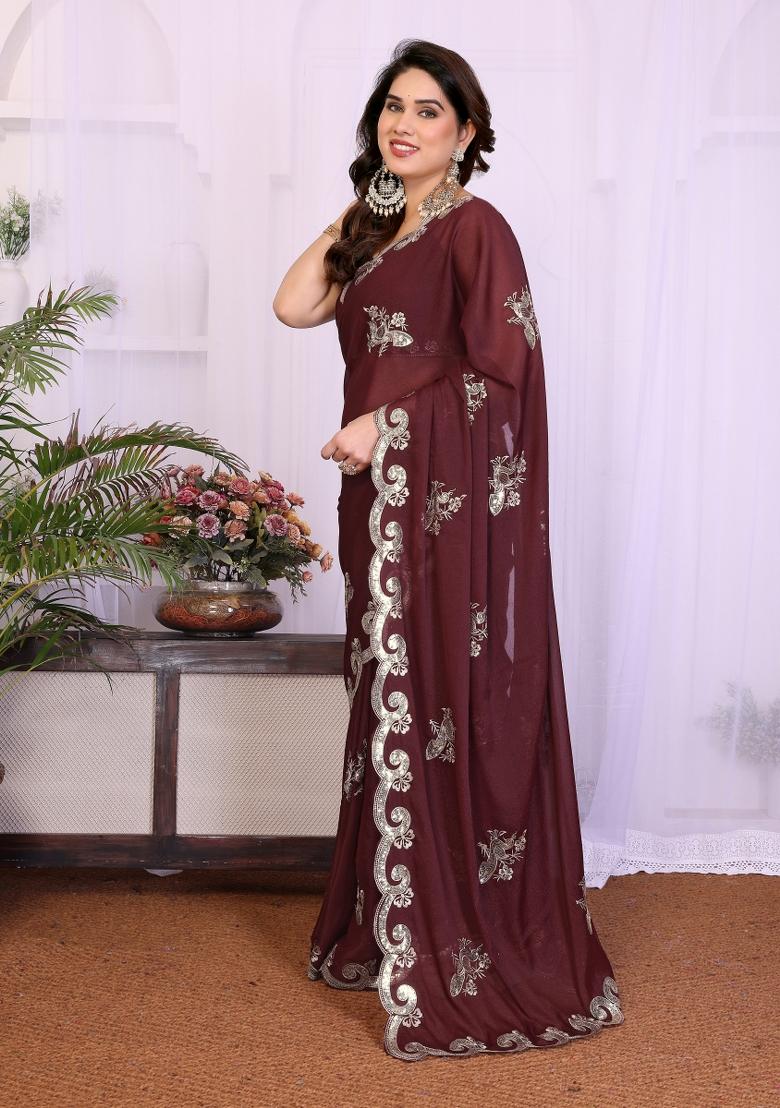 Burgundy Embroidered Georgette Saree Set - Indya