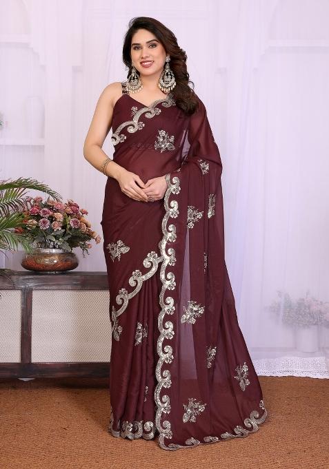 Burgundy Embroidered Georgette Saree Set