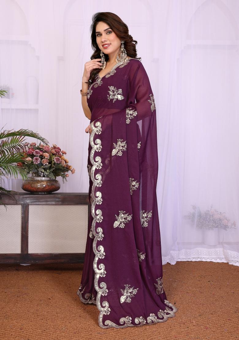 Wine Embroidered Georgette Saree Set - Indya