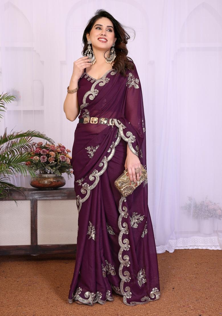 Wine Embroidered Georgette Saree Set - Indya