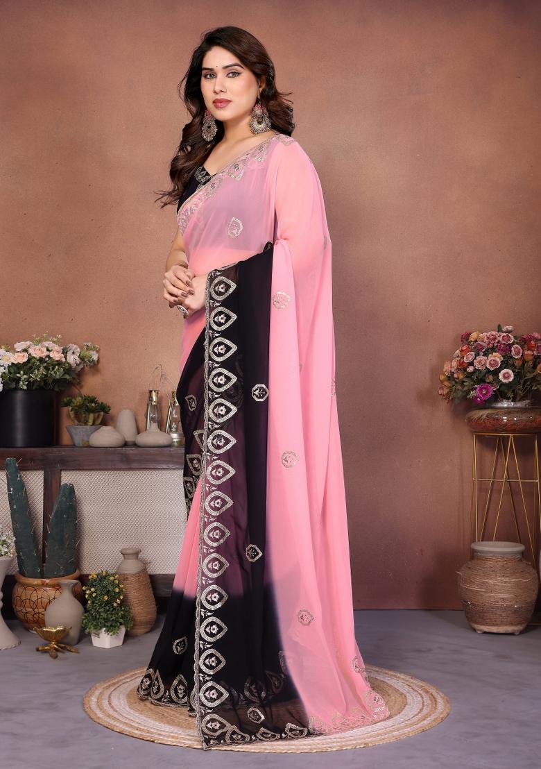 Black Embroidered Georgette Saree Set - Indya