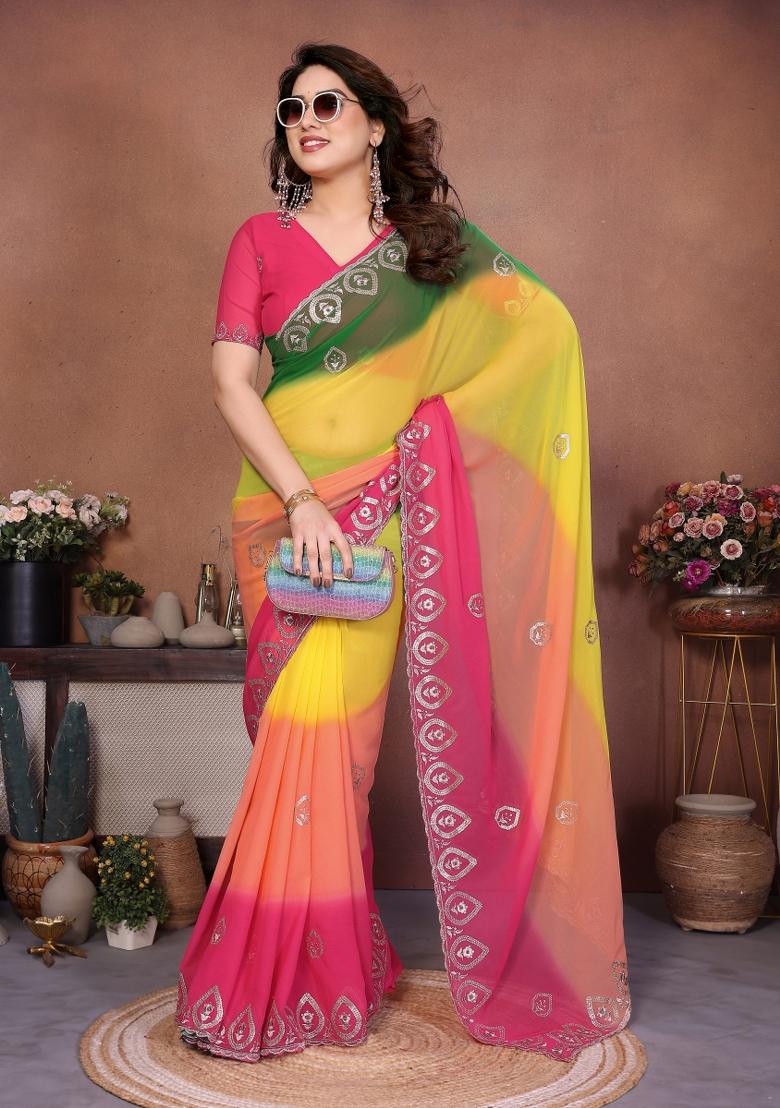 Green Embroidered Georgette Saree Set - Indya