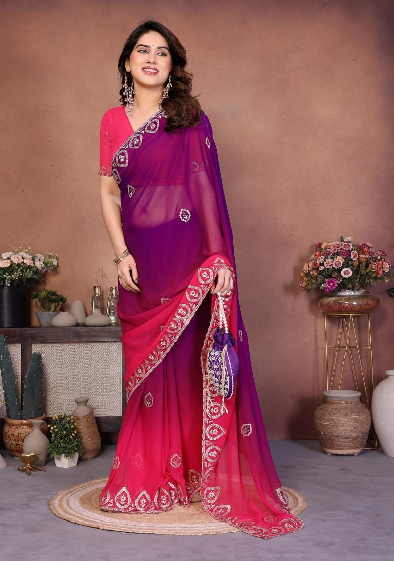 Magenta Embroidered Georgette Saree Set - Indya
