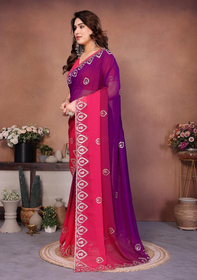 Magenta Embroidered Georgette Saree Set - Indya
