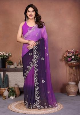 Purple Embroidered Georgette Saree Set