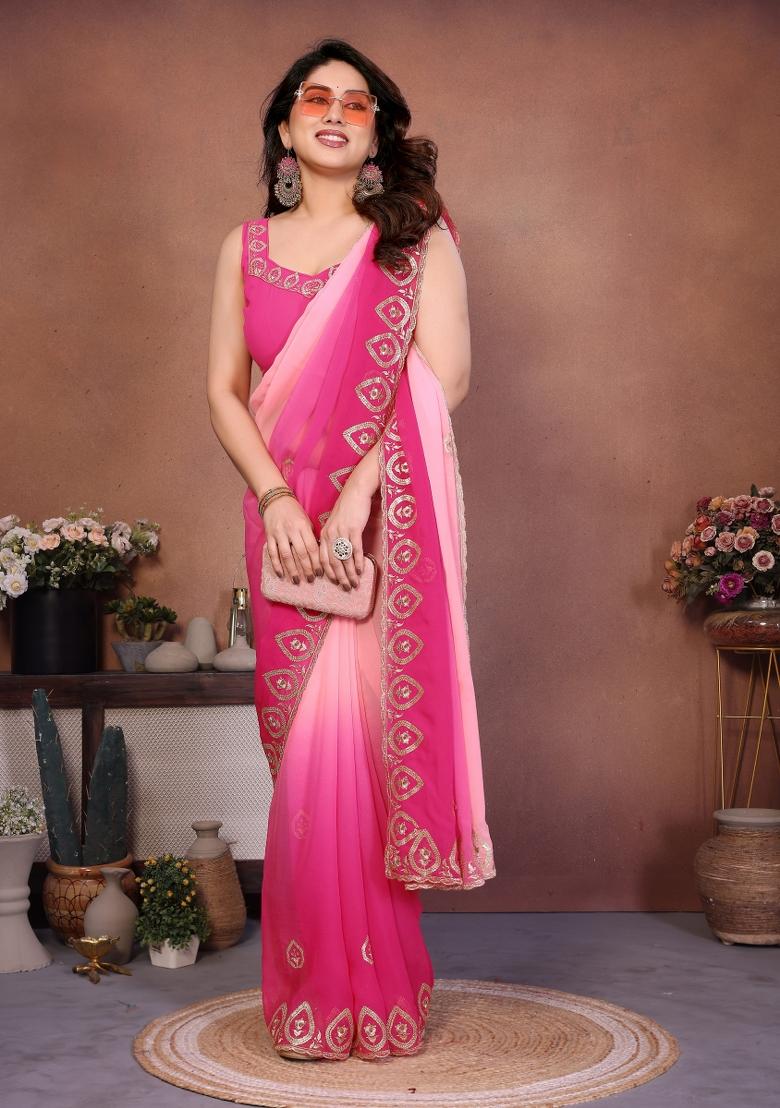 Rose Embroidered Georgette Saree Set - Indya