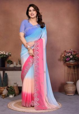Sky Blue Embroidered Georgette Saree Set