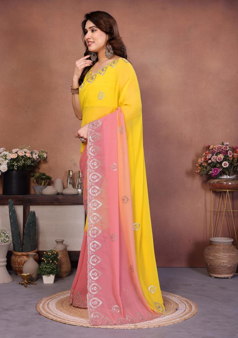 Yellow Embroidered Georgette Saree Set - Indya