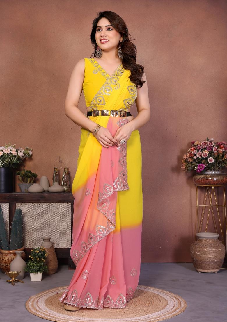 Yellow Embroidered Georgette Saree Set - Indya