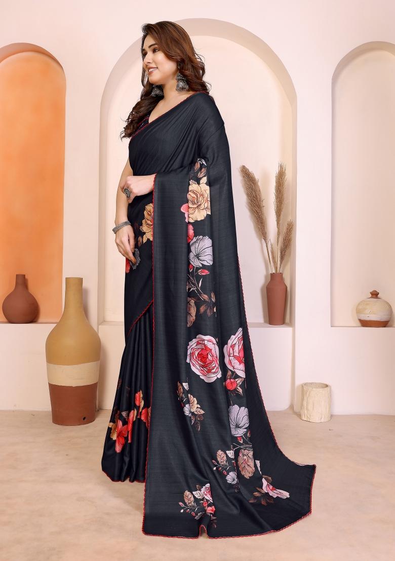Black Printed Manipuri Saree Set - Indya