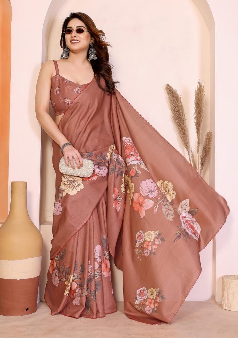 Brown Printed Manipuri Saree Set - Indya
