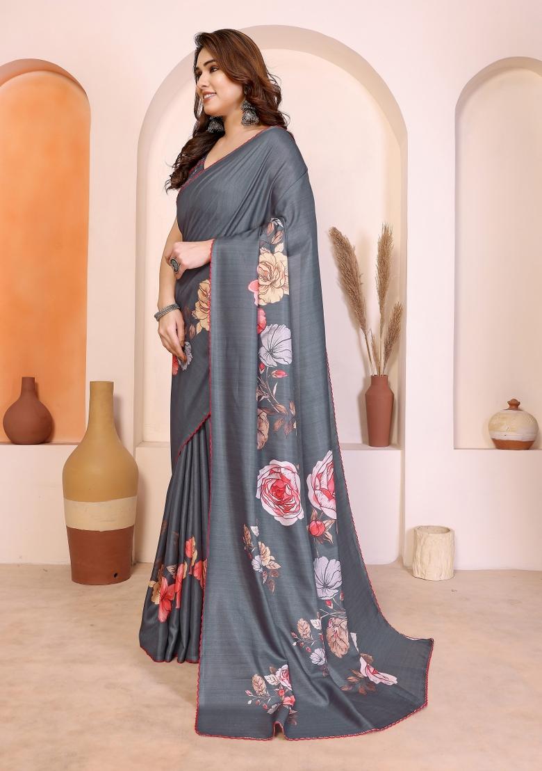 Grey Printed Manipuri Saree Set - Indya