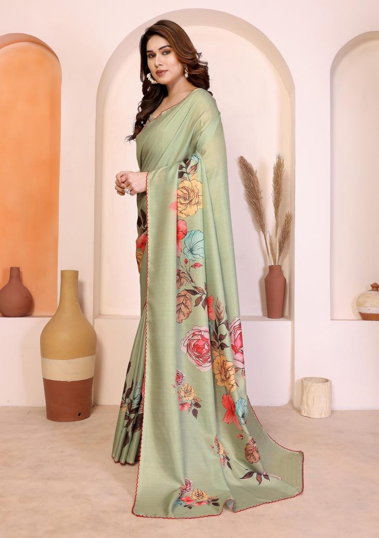 Pista Printed Manipuri Saree Set - Indya