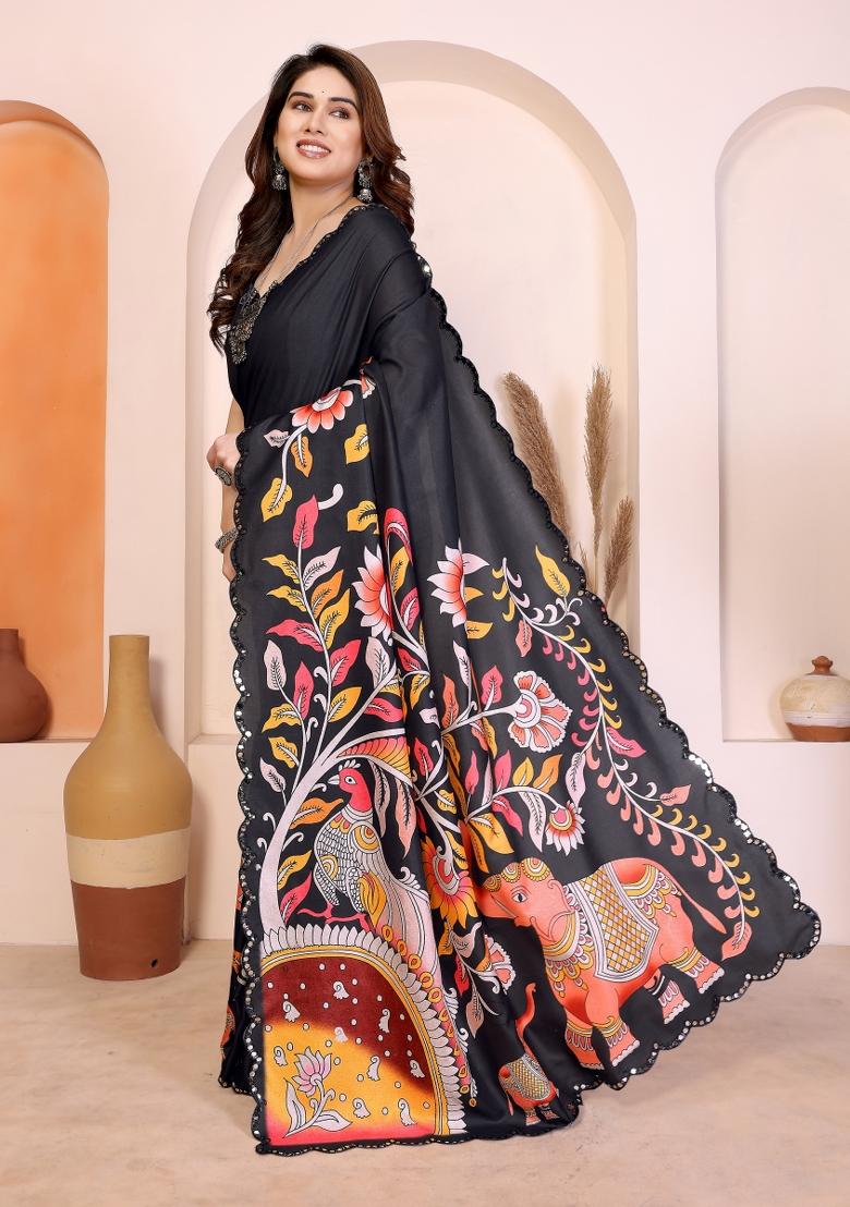 Black Printed Manipuri Saree Set - Indya
