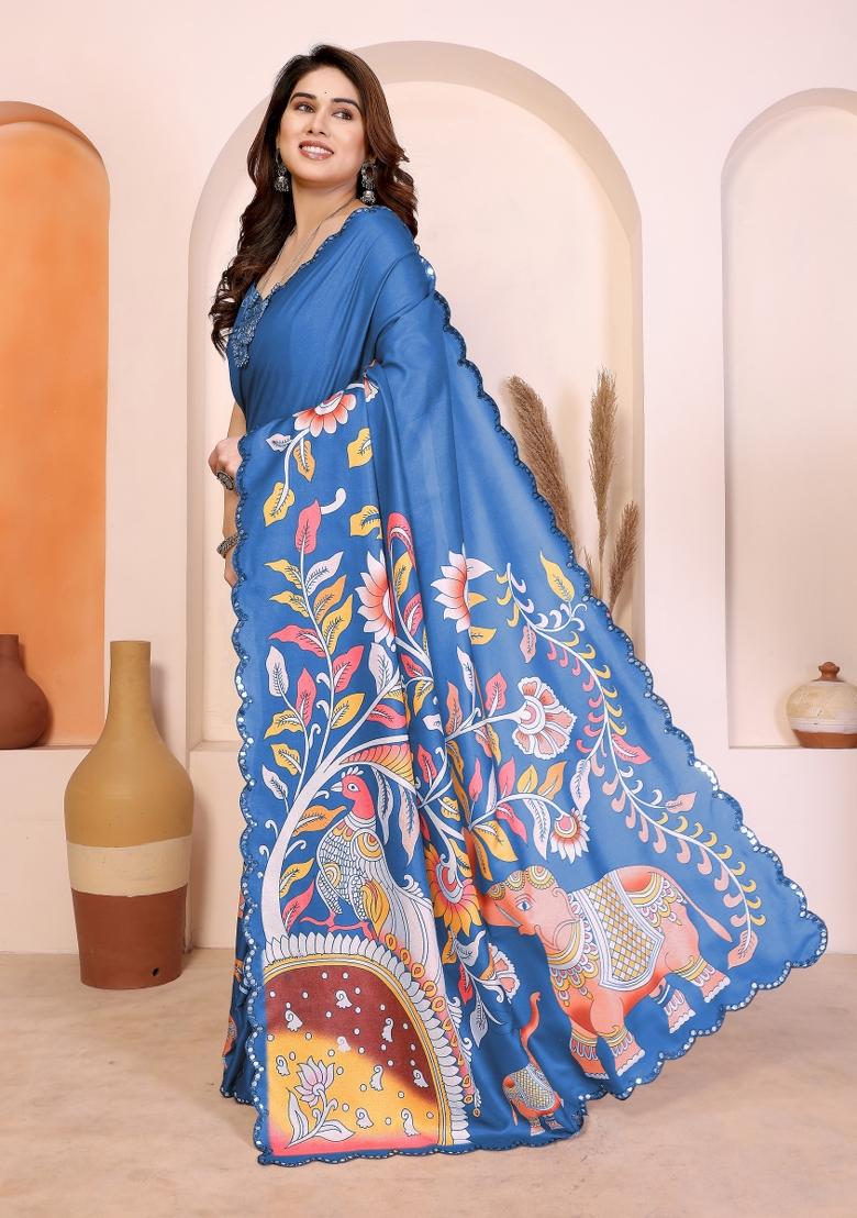 Blue Printed Manipuri Saree Set - Indya