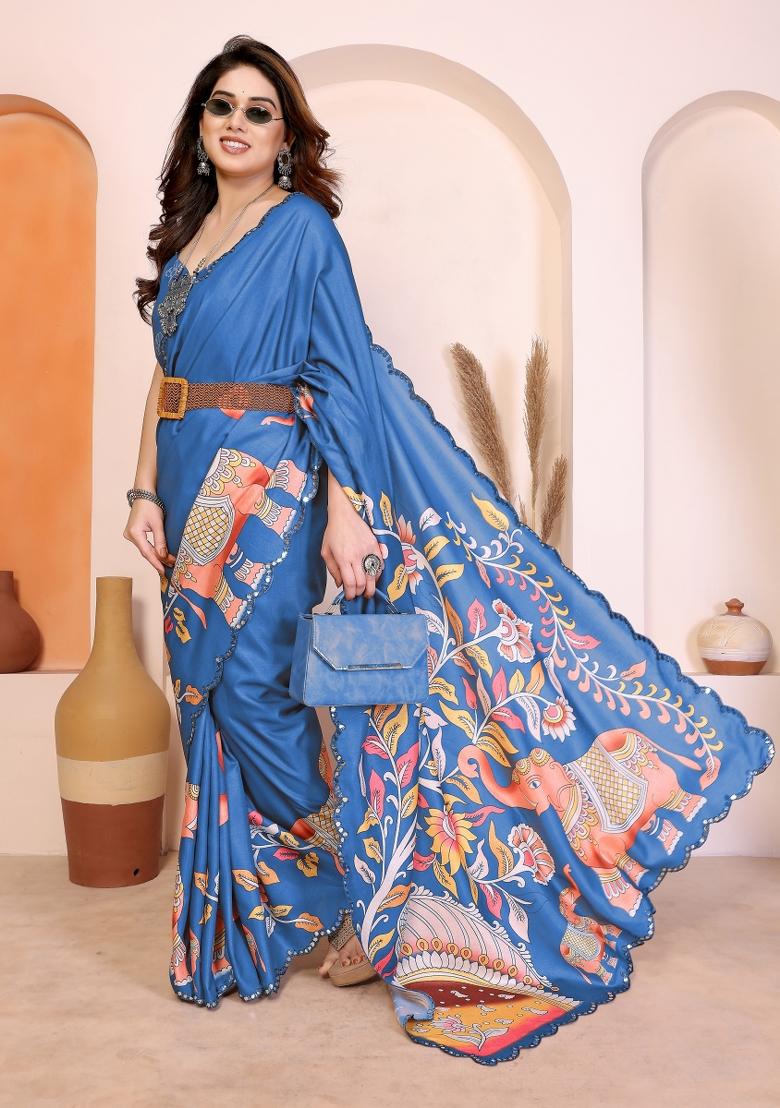 Blue Printed Manipuri Saree Set - Indya