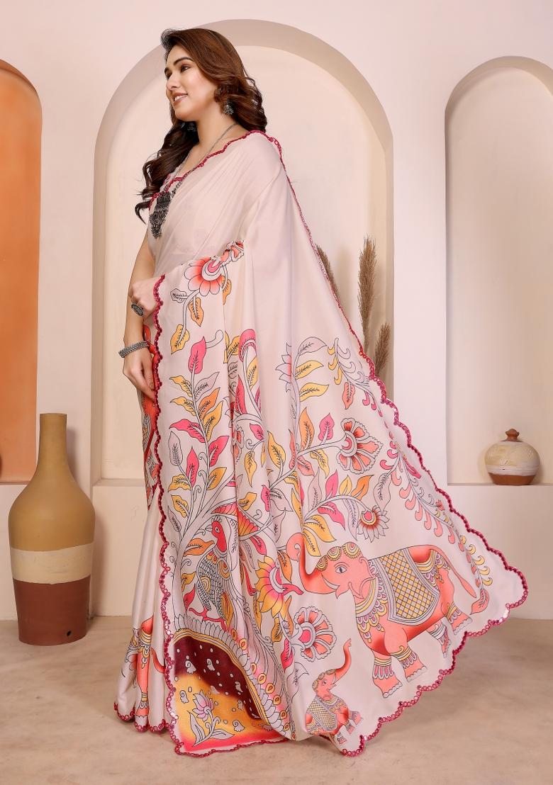 Cream Printed Manipuri Saree Set - Indya