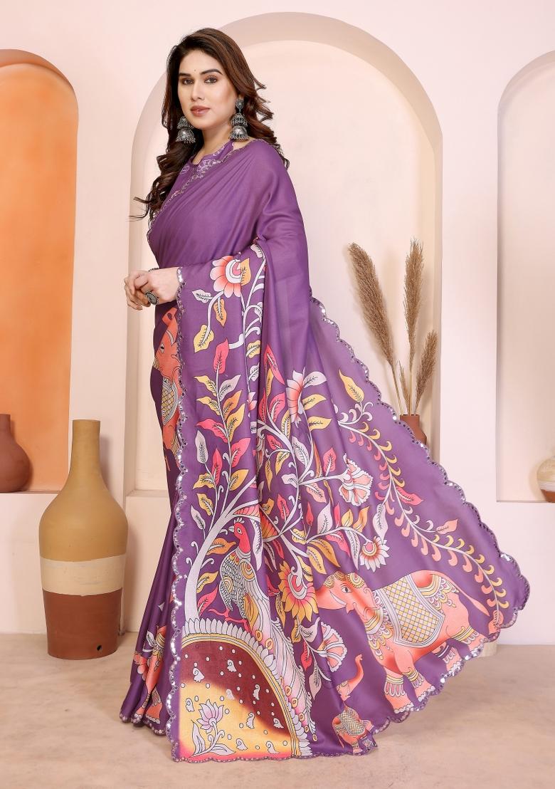 Purple Printed Manipuri Saree Set - Indya