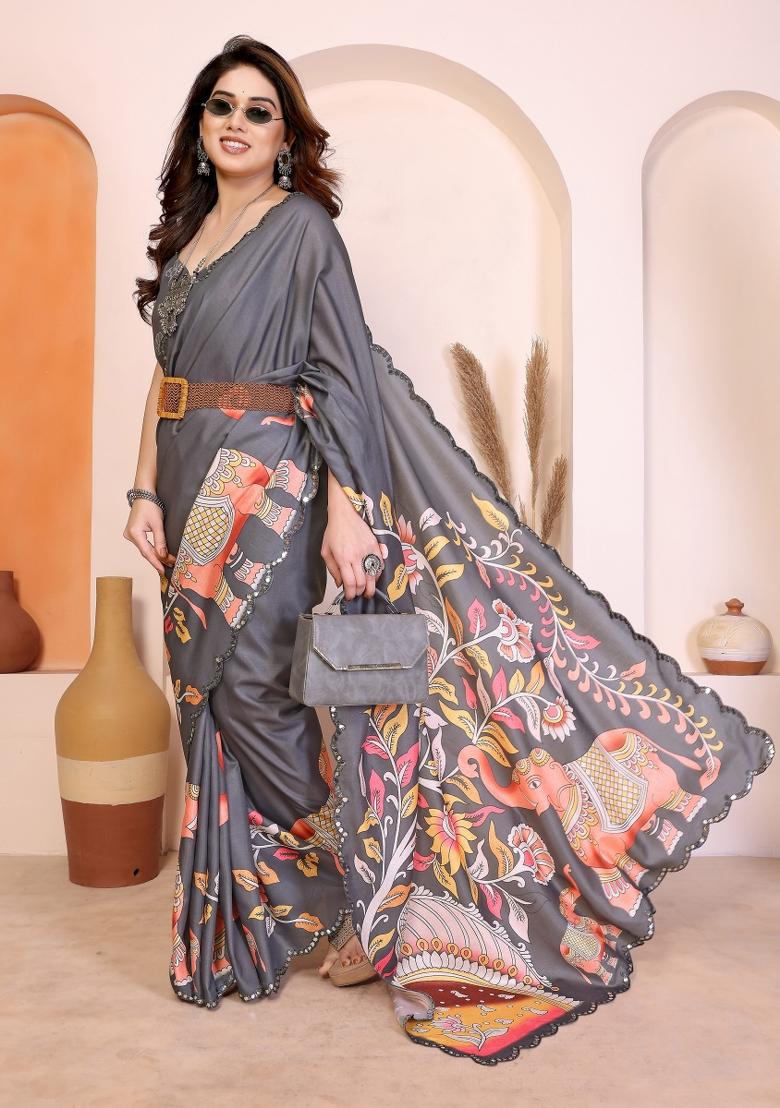 Grey Printed Manipuri Saree Set - Indya