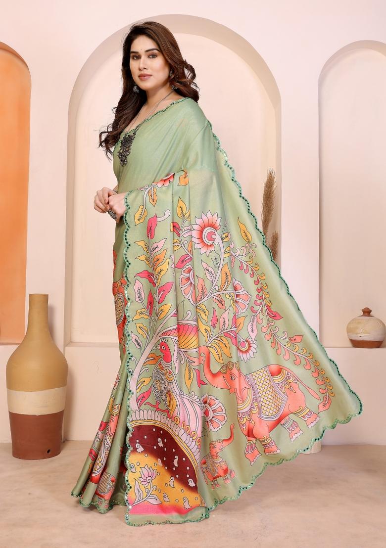 Pista Printed Manipuri Saree Set - Indya