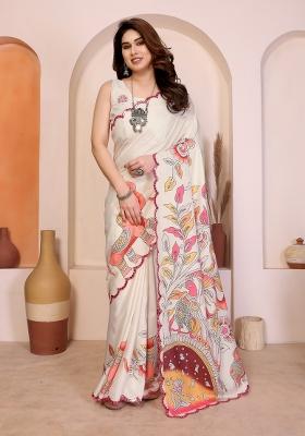 White Printed Manipuri Saree Set