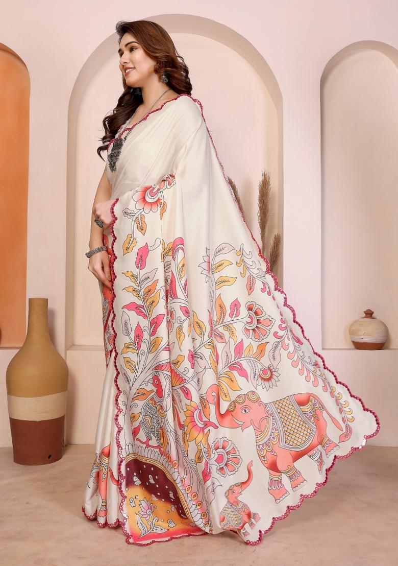 White Printed Manipuri Saree Set - Indya