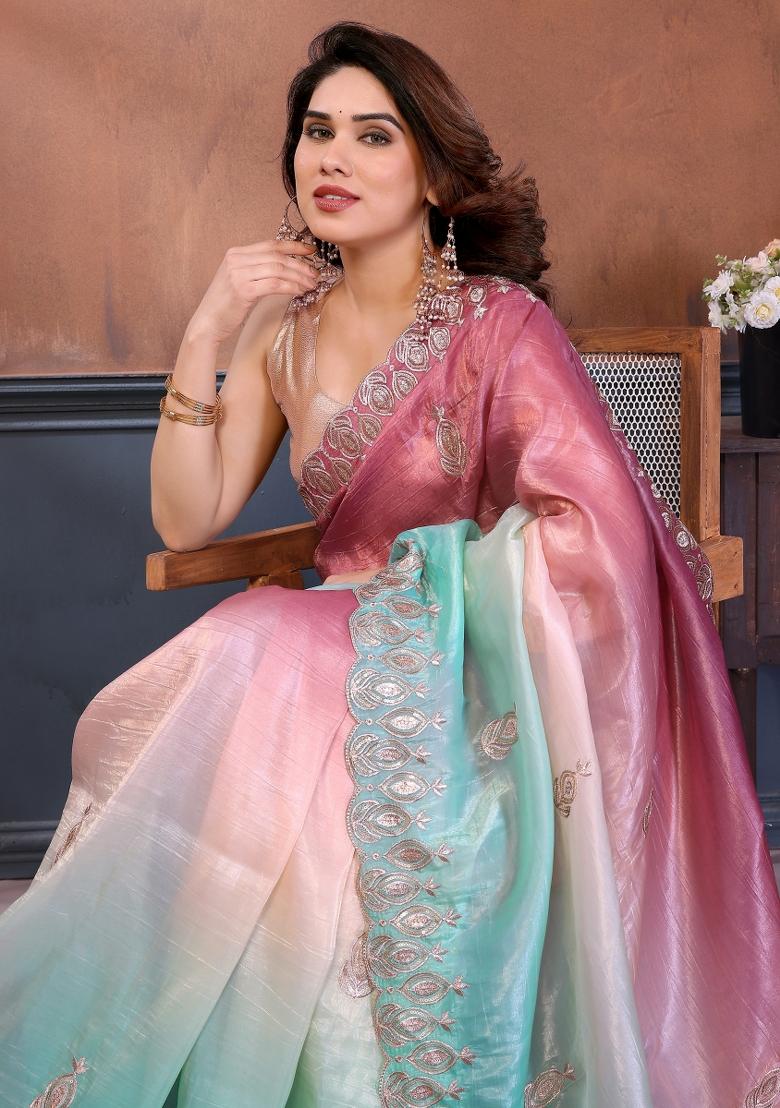 Rama Embroidered Gold Crush Saree Set - Indya