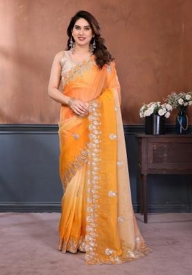 Orange Embroidered Gold Crush Saree Set