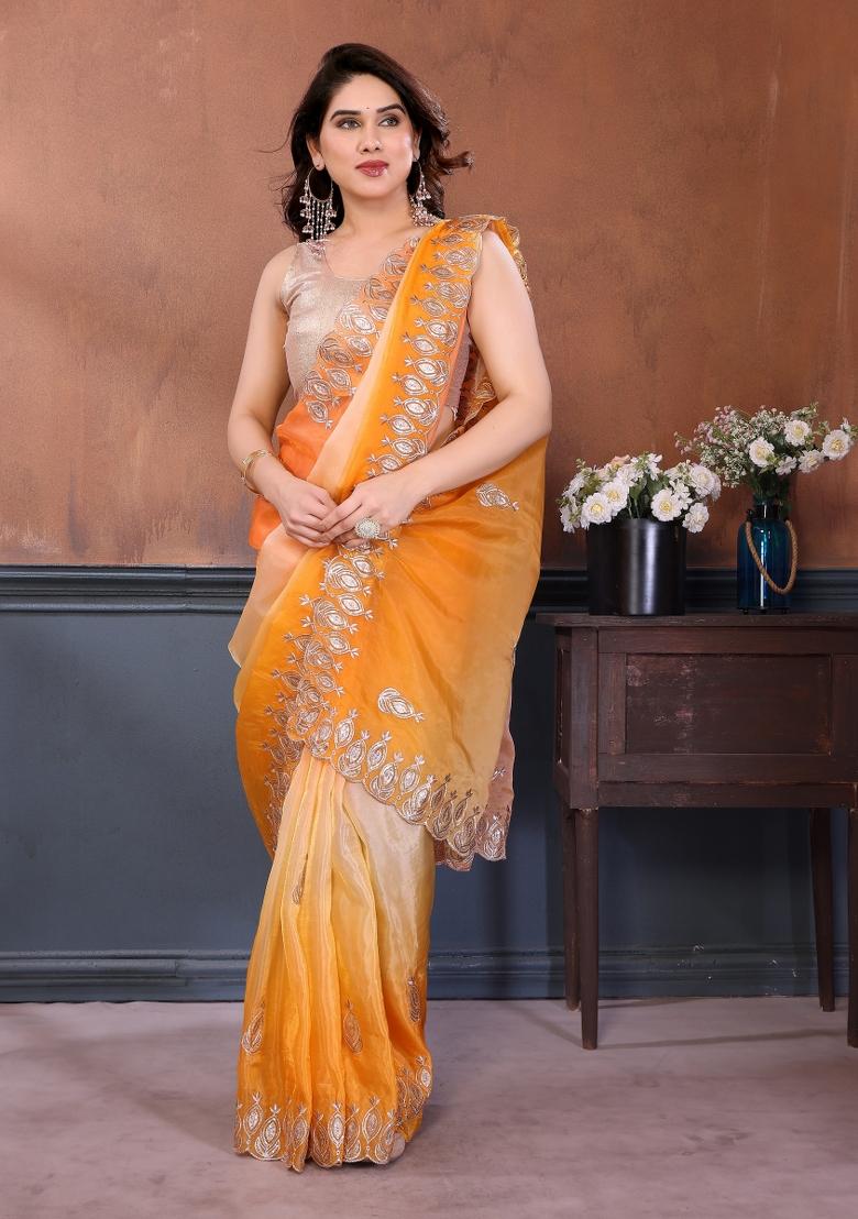 Orange Embroidered Gold Crush Saree Set - Indya