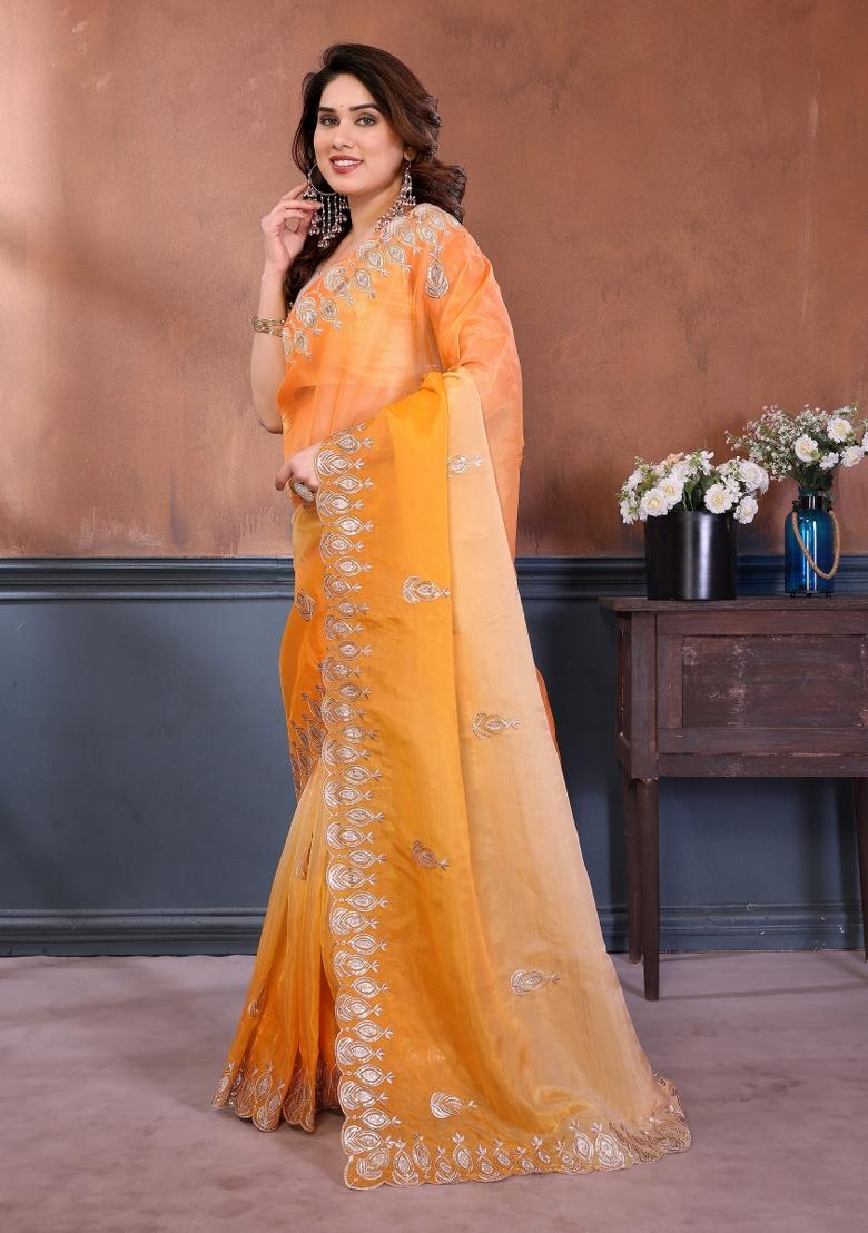 Orange Embroidered Gold Crush Saree Set - Indya