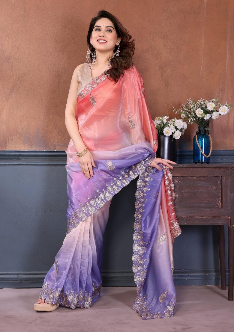 Peach Embroidered Gold Crush Saree Set - Indya