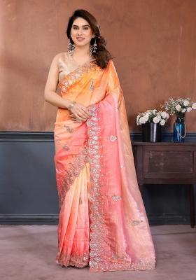 Pink Embroidered Gold Crush Saree Set