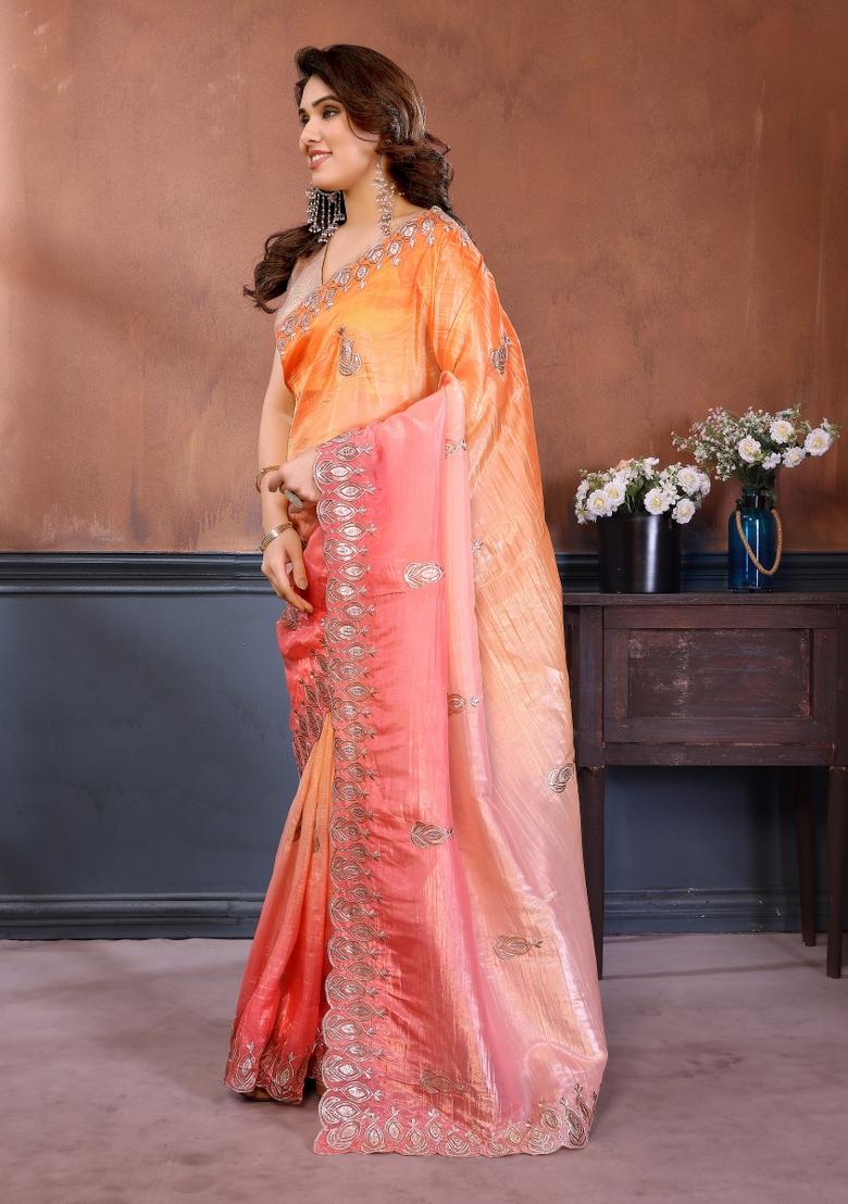 Pink Embroidered Gold Crush Saree Set - Indya