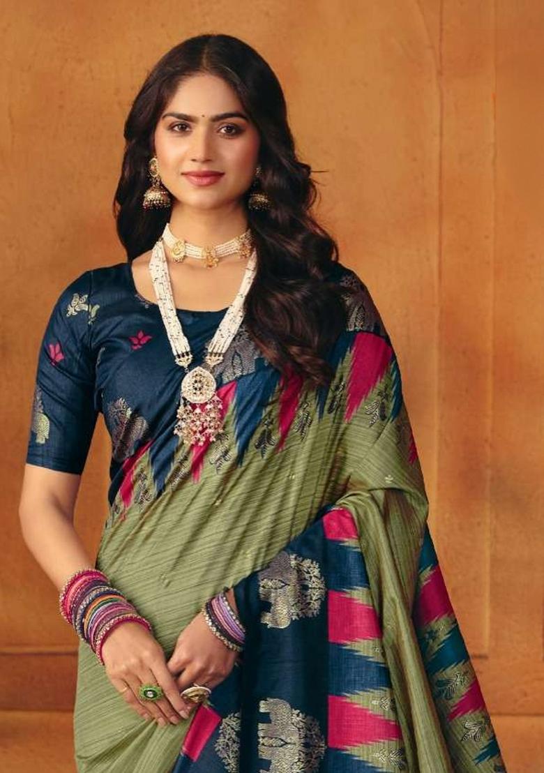 Mehendi Printed Manipuri Saree Set - Indya