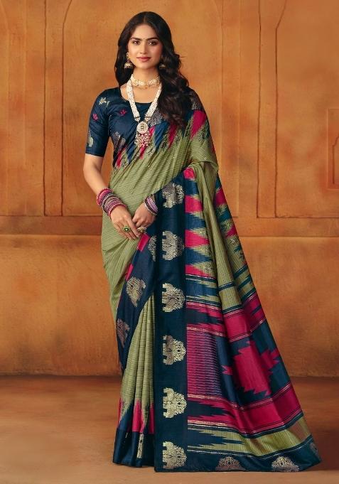 Mehendi Printed Manipuri Saree Set — view on Indya