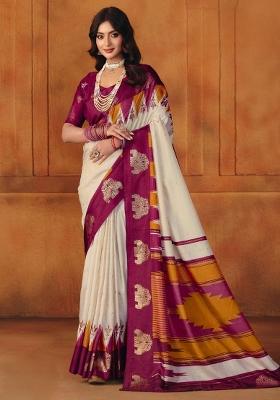 White Printed Manipuri Saree Set