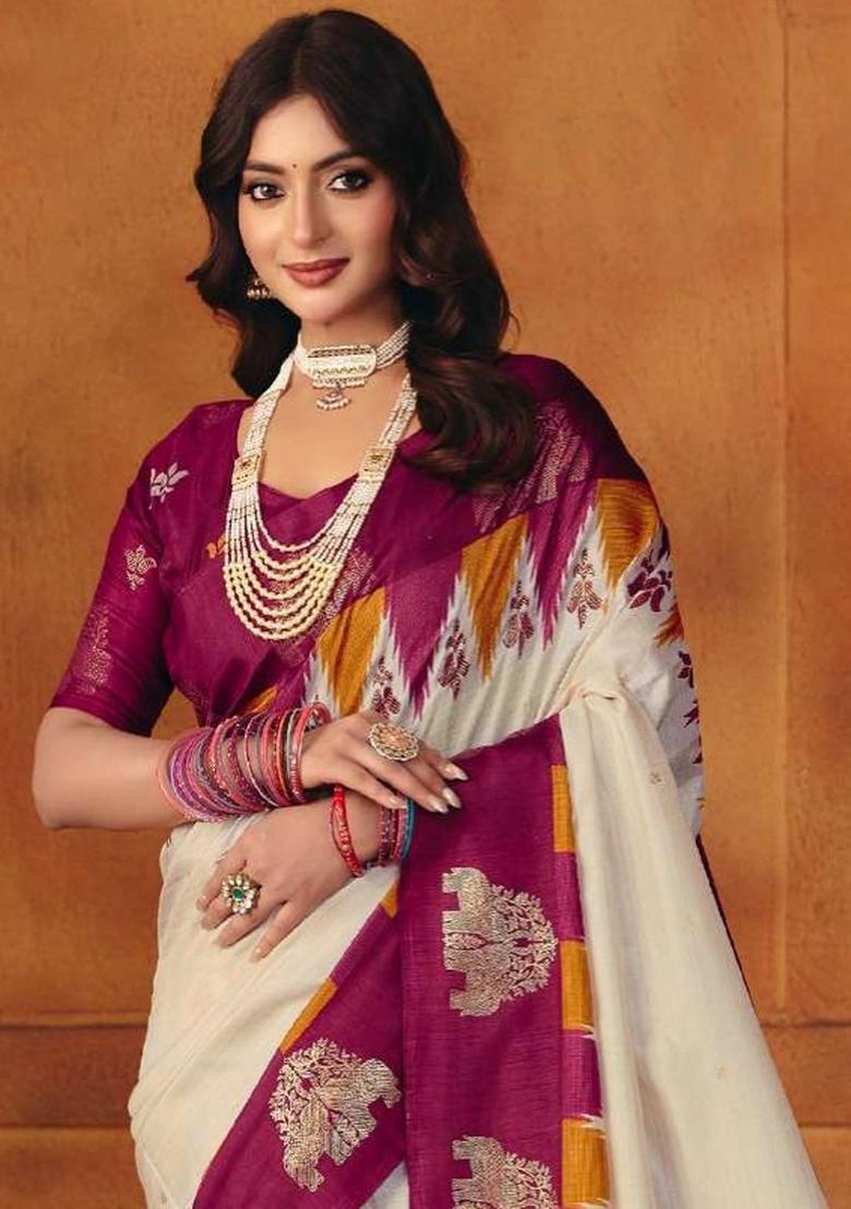 White Printed Manipuri Saree Set - Indya