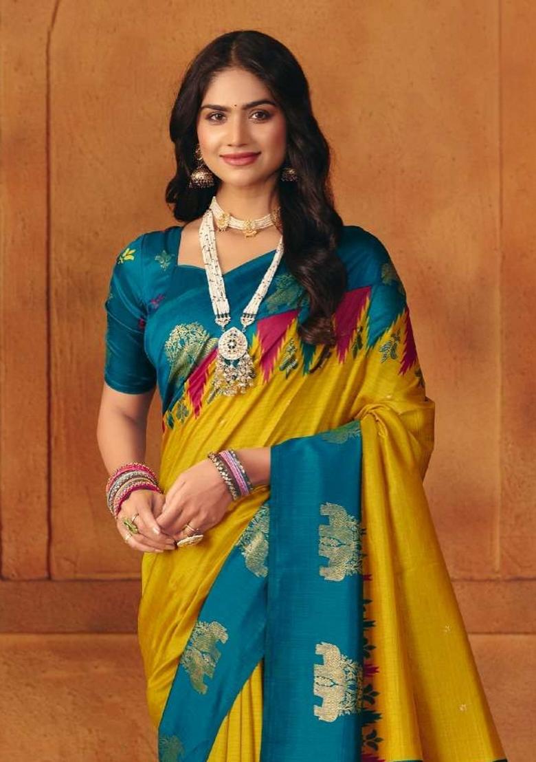 Yellow Printed Manipuri Saree Set - Indya